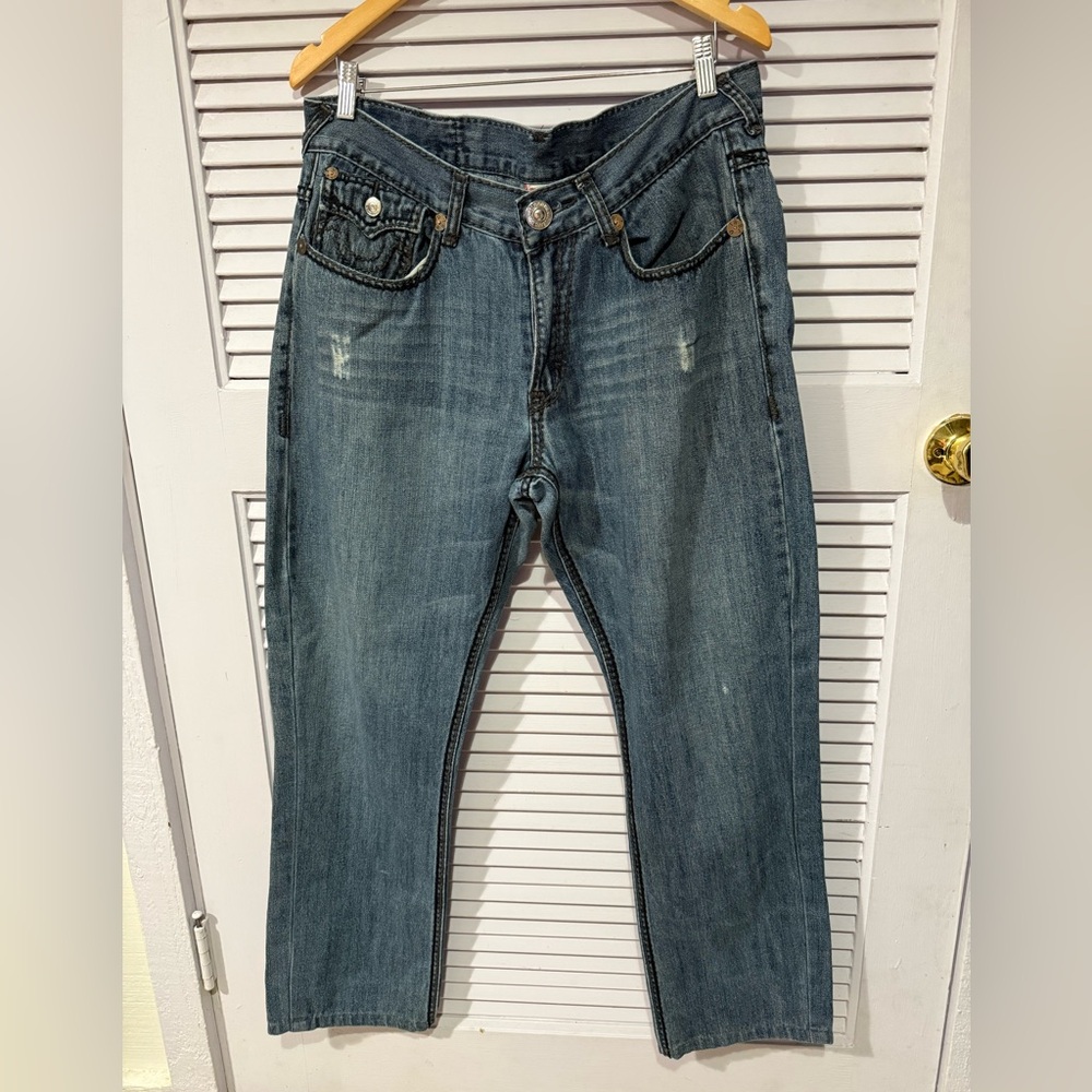 True Religion Joey Super T Jeans Men’s 36 Straight Leg  Distressed Denim Stitch